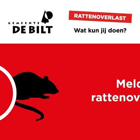 Getekende rat met uitroepteken en uitgeschreven tekst 'Gemeente De Bilt, rattenoverlast, wat kun jij doen? en 'Meld rattenoverlast'