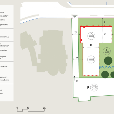 Kaartje locatie voormalige Theresiaschool weergave van de indeling met groen, erfafscheiding, bouwlagen en de afstand